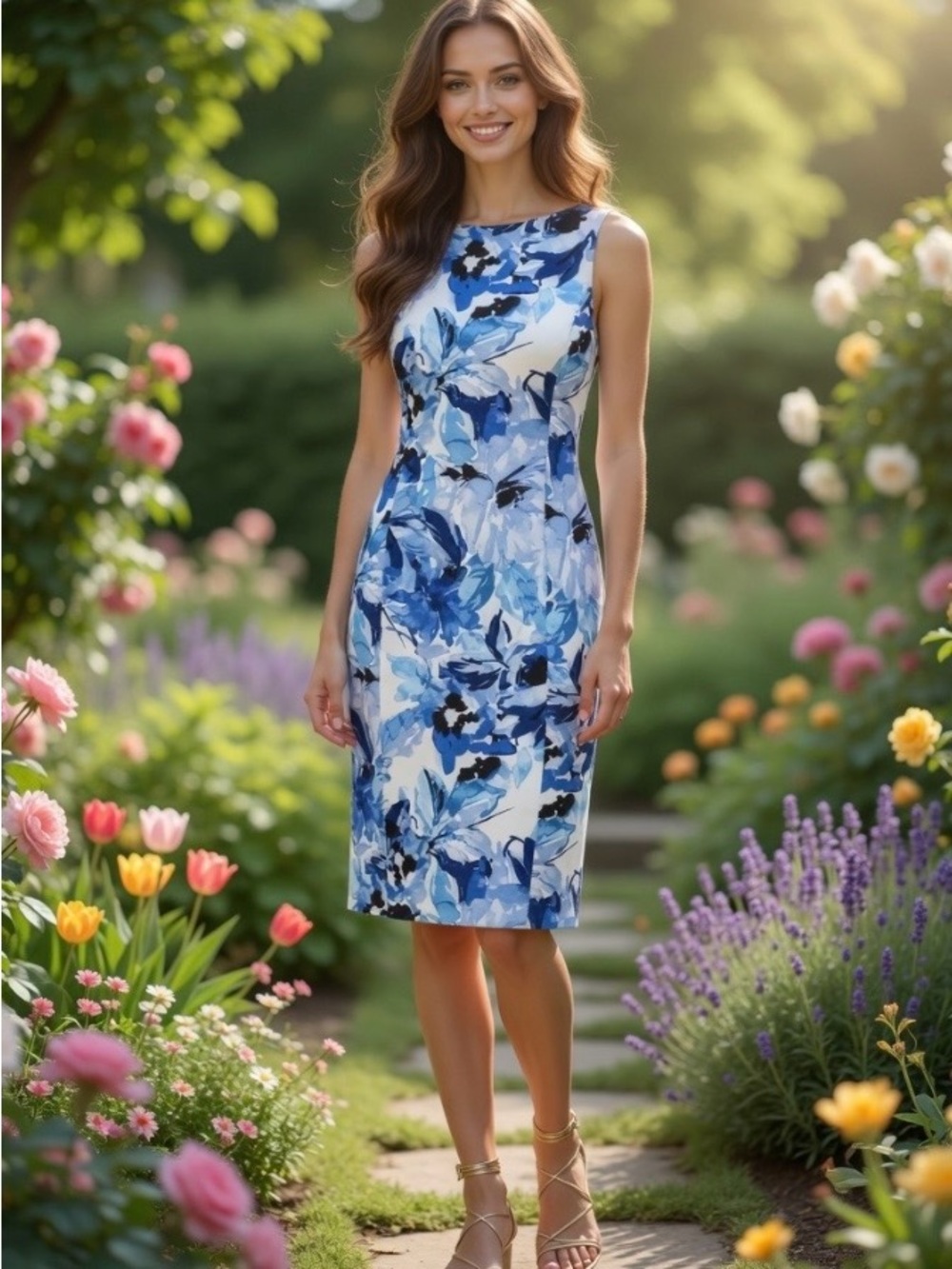 Chaps Sleeveless Sheath Dress with Navy Floral Print. Cotton Summer Dress EUC